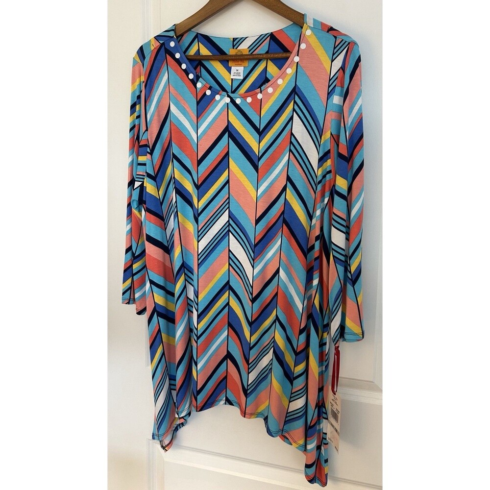 Ruby Rd Women’s 1X Tunic Blouse Colorful Chevron Print 3/4 Sleeve Asymmetrical - Picture 2 of 14